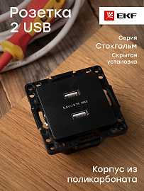 Розетка 2 USB Стокгольм скрытой установки 2,1А+2,1А механизм черный EZR16-028-10-2USB EKF PROxima Розетка 2 USB Стокгольм скрытой установки 2,1А+2,1А механизм черный EZR16-028-10-2USB EKF PROxima