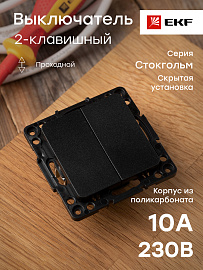 Выключатель двухклавишный Стокгольм скрытой установки 10А проходной (сх.6+6) механизм черный EZV10-027-10 EKF PROxima Выключатель двухклавишный Стокгольм скрытой установки 10А проходной (сх.6+6) механизм черный EZV10-027-10 EKF PROxima