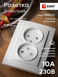Розетка двойная Минск скрытой установки без заземления со шторками 10А в сборе белый ERR10-102-100 EKF Розетка двойная Минск скрытой установки без заземления со шторками 10А в сборе белый ERR10-102-100 EKF
