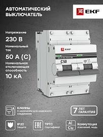 Выключатель автоматический 50А 2П двухполюсный C 10kA тип AC ВА47-100 PROxima mcb47100-2-50C-pro EKF Выключатель автоматический 50А 2П двухполюсный C 10kA тип AC ВА47-100 PROxima mcb47100-2-50C-pro EKF