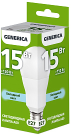 Лампа светодиодная A60 груша 15Вт 230В 6500К E27 GENERICA Лампа светодиодная A60 груша 15Вт 230В 6500К E27 GENERICA