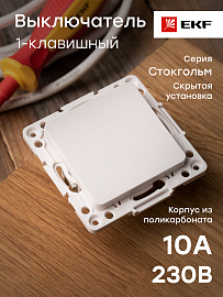Выключатель одноклавишный Стокгольм скрытой установки 10А (сх.1) механизм белый EYV10-121-10 EKF PROxima Выключатель одноклавишный Стокгольм скрытой установки 10А (сх.1) механизм белый EYV10-121-10 EKF PROxima
