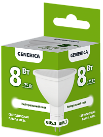 Лампа светодиодная MR16 софит 8Вт 230В 4000К GU5.3 GENERICA Лампа светодиодная MR16 софит 8Вт 230В 4000К GU5.3 GENERICA