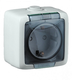 Розетка однопостовая с заземлением со шторками открытой установки белый "ALFA IP44" РА16-212 Hegel Розетка однопостовая с заземлением со шторками открытой установки белый "ALFA IP44" РА16-212 Hegel