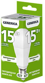 Лампа светодиодная A60 груша 15Вт 230В 4000К E27 GENERICA Лампа светодиодная A60 груша 15Вт 230В 4000К E27 GENERICA