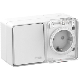 Блок AtlasDesign Profi54 открытой установки выключатель одноклавишный 10А + Розетка Schuko 2P+E с заземлением 16А белый IP54  ATN540170 Systeme Electric Блок AtlasDesign Profi54 открытой установки выключатель одноклавишный 10А + Розетка Schuko 2P+E с заземлением 16А белый IP54  ATN540170 Systeme Electric