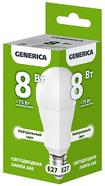Лампа светодиодная A60 груша 8Вт 230В 4000К E27 GENERICA Лампа светодиодная A60 груша 8Вт 230В 4000К E27 GENERICA