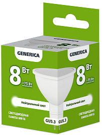 Лампа светодиодная MR16 софит 8Вт 230В 4000К GU5.3 GENERICA Лампа светодиодная MR16 софит 8Вт 230В 4000К GU5.3 GENERICA