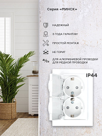 Розетка двойная Минск скрытой установки IP44 с заземлением с крышкой со шторками 16А в сборе белый ERR16-129-200-44 EKF Розетка двойная Минск скрытой установки IP44 с заземлением с крышкой со шторками 16А в сборе белый ERR16-129-200-44 EKF