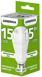 Лампа светодиодная A60 груша 15Вт 230В 4000К E27 GENERICA Лампа светодиодная A60 груша 15Вт 230В 4000К E27 GENERICA