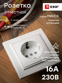 Розетка одинарная Минск скрытой установки с заземлением со шторками 16А в сборе белый ERR16-028-100 EKF Розетка одинарная Минск скрытой установки с заземлением со шторками 16А в сборе белый ERR16-028-100 EKF