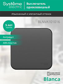 Выключатель одноклавишный BLANCA открытой установки 10А 250В (cх.1) с изолирующей пластиной в сборе антрацит BLNVA101016 Systeme Electric Выключатель одноклавишный BLANCA открытой установки 10А 250В (cх.1) с изолирующей пластиной в сборе антрацит BLNVA101016 Systeme Electric