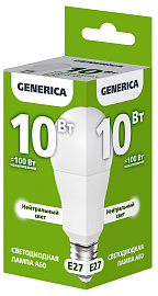Лампа светодиодная A60 груша 10Вт 230В 4000К E27 GENERICA Лампа светодиодная A60 груша 10Вт 230В 4000К E27 GENERICA