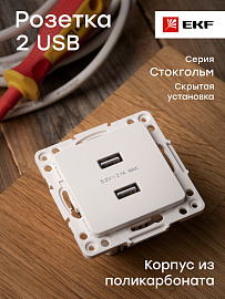 Розетка 2 USB Стокгольм скрытой установки 2,1А+2,1А механизм белый EYR16-028-10-2USB EKF PROxima Розетка 2 USB Стокгольм скрытой установки 2,1А+2,1А механизм белый EYR16-028-10-2USB EKF PROxima