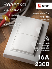 Розетка двойная Минск скрытой установки IP44 с заземлением с крышкой со шторками 16А в сборе белый ERR16-129-200-44 EKF Розетка двойная Минск скрытой установки IP44 с заземлением с крышкой со шторками 16А в сборе белый ERR16-129-200-44 EKF