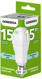 Лампа светодиодная A60 груша 15Вт 230В 6500К E27 GENERICA Лампа светодиодная A60 груша 15Вт 230В 6500К E27 GENERICA