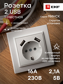 Розетка одинарная с 2 USB Минск скрытой установки с заземлением 16А+2,1А+2,1А со шторками в сборе белый ERR16-028-100-2 USB EKF Розетка одинарная с 2 USB Минск скрытой установки с заземлением 16А+2,1А+2,1А со шторками в сборе белый ERR16-028-100-2 USB EKF