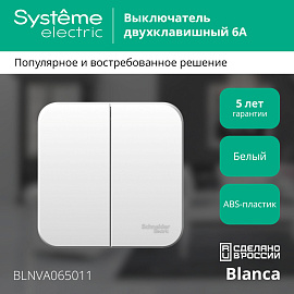 Выключатель двухклавишный BLANCA открытой установки 6А 250В (cх.5) с изолирующей пластиной в сборе белый BLNVA065011 Systeme Electric Выключатель двухклавишный BLANCA открытой установки 6А 250В (cх.5) с изолирующей пластиной в сборе белый BLNVA065011 Systeme Electric