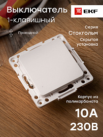 Выключатель одноклавишный Стокгольм скрытой установки 10А проходной (сх.6) механизм белый EYV10-025-10 EKF PROxima Выключатель одноклавишный Стокгольм скрытой установки 10А проходной (сх.6) механизм белый EYV10-025-10 EKF PROxima
