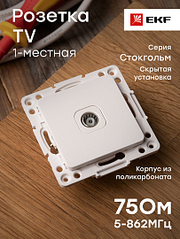 Розетка TV телевизионная Стокгольм скрытой установки 75Ом 5-862МГц механизм белый EYA00-027-10 EKF PROxima Розетка TV телевизионная Стокгольм скрытой установки 75Ом 5-862МГц механизм белый EYA00-027-10 EKF PROxima
