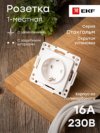 Розетка одинарная Стокгольм скрытой установки с заземлением со шторками 16А механизм белый EYR16-028-10 EKF PROxima Розетка одинарная Стокгольм скрытой установки с заземлением со шторками 16А механизм белый EYR16-028-10 EKF PROxima