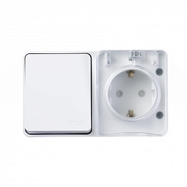 Блок AtlasDesign Profi54 открытой установки выключатель одноклавишный 10А + Розетка Schuko 2P+E с заземлением 16А белый IP54  ATN540170 Systeme Electric Блок AtlasDesign Profi54 открытой установки выключатель одноклавишный 10А + Розетка Schuko 2P+E с заземлением 16А белый IP54  ATN540170 Systeme Electric