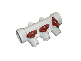 Коллектор PPR 32x20 3 выхода с шаровыми кранами (красный + синий .бант) PPR (белый) 80917 Коллектор PPR 32x20 3 выхода с шаровыми кранами (красный + синий .бант) PPR (белый) 80917
