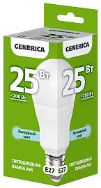 Лампа светодиодная A65 груша 25Вт 230В 6500К E27 GENERICA Лампа светодиодная A65 груша 25Вт 230В 6500К E27 GENERICA