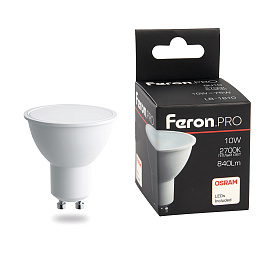 Лампа светодиодная   10Вт GU10 MR16 2700K 840Лм матовая 230В Рефлектор LED OSRAM 38161 Feron Pro Лампа светодиодная   10Вт GU10 MR16 2700K 840Лм матовая 230В Рефлектор LED OSRAM 38161 Feron Pro