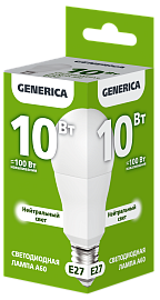Лампа светодиодная A60 груша 10Вт 230В 4000К E27 GENERICA Лампа светодиодная A60 груша 10Вт 230В 4000К E27 GENERICA