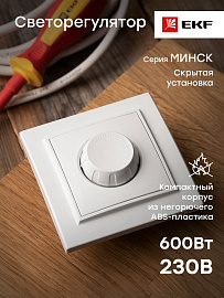 Светорегулятор (диммер) Минск скрытой установки 600Вт 220В в сборе белый ERD06-101-10 EKF Светорегулятор (диммер) Минск скрытой установки 600Вт 220В в сборе белый ERD06-101-10 EKF