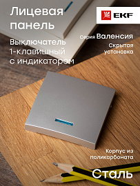 Лицевая панель для выключателя одноклавишного Валенсия с индикацией 10А сталь ESV10-L-121-30 EKF PROxima Лицевая панель для выключателя одноклавишного Валенсия с индикацией 10А сталь ESV10-L-121-30 EKF PROxima