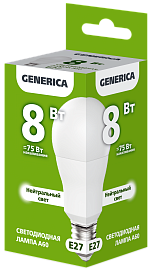 Лампа светодиодная A60 груша 8Вт 230В 4000К E27 GENERICA Лампа светодиодная A60 груша 8Вт 230В 4000К E27 GENERICA