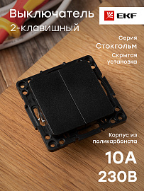 Выключатель двухклавишный Стокгольм скрытой установки 10А (сх.5) механизм черный EZV10-023-10 EKF PROxima Выключатель двухклавишный Стокгольм скрытой установки 10А (сх.5) механизм черный EZV10-023-10 EKF PROxima