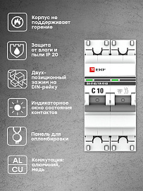 Выключатель автоматический 10А 2П двухполюсный C 6kA ВА47-63 PROxima mcb4763-6-2-10C-pro EKF Выключатель автоматический 10А 2П двухполюсный C 6kA ВА47-63 PROxima mcb4763-6-2-10C-pro EKF